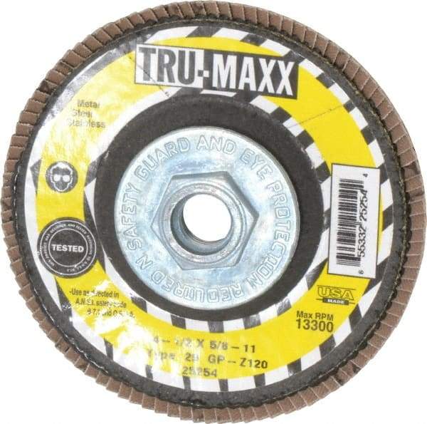 Tru-Maxx - 120 Grit, 4-1/2" Disc Diam, 5/8-11 Center Hole, Type 29 Zirconia Alumina Flap Disc - 13,300 Max RPM, Arbor Attaching System, Coated - Caliber Tooling