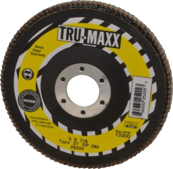 Tru-Maxx - 36 Grit, 5" Disc Diam, 7/8" Center Hole, Type 29 Zirconia Alumina Flap Disc - 12,200 Max RPM, Arbor Attaching System, Coated - Caliber Tooling