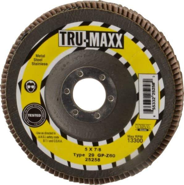 Tru-Maxx - 60 Grit, 5" Disc Diam, 7/8" Center Hole, Type 29 Zirconia Alumina Flap Disc - 12,200 Max RPM, Arbor Attaching System, Coated - Caliber Tooling