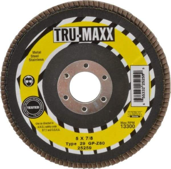 Tru-Maxx - 80 Grit, 5" Disc Diam, 7/8" Center Hole, Type 29 Zirconia Alumina Flap Disc - 12,200 Max RPM, Arbor Attaching System, Coated - Caliber Tooling