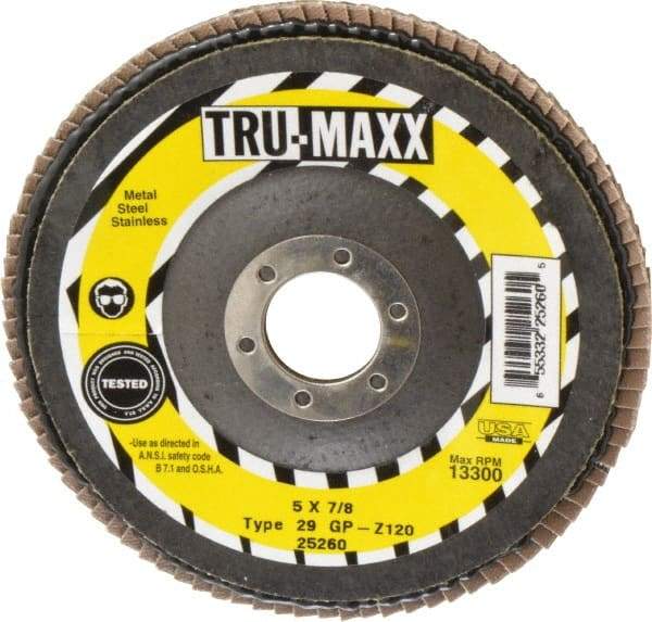 Tru-Maxx - 120 Grit, 5" Disc Diam, 7/8" Center Hole, Type 29 Zirconia Alumina Flap Disc - 12,200 Max RPM, Arbor Attaching System, Coated - Caliber Tooling