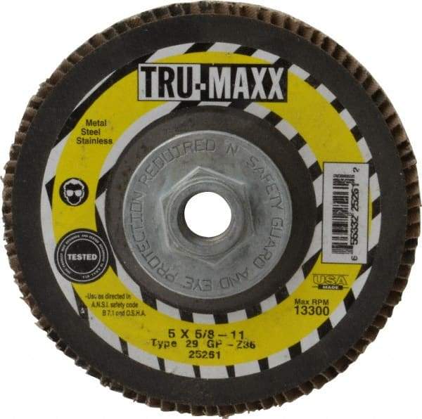 Tru-Maxx - 36 Grit, 5" Disc Diam, 5/8-11 Center Hole, Type 29 Zirconia Alumina Flap Disc - 12,200 Max RPM, Arbor Attaching System, Coated - Caliber Tooling