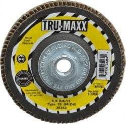 Tru-Maxx - 40 Grit, 5" Disc Diam, 5/8-11 Center Hole, Type 29 Zirconia Alumina Flap Disc - 12,200 Max RPM, Arbor Attaching System, Coated - Caliber Tooling