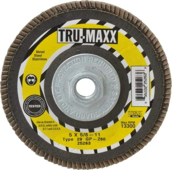 Tru-Maxx - 60 Grit, 5" Disc Diam, 5/8-11 Center Hole, Type 29 Zirconia Alumina Flap Disc - 12,200 Max RPM, Arbor Attaching System, Coated - Caliber Tooling