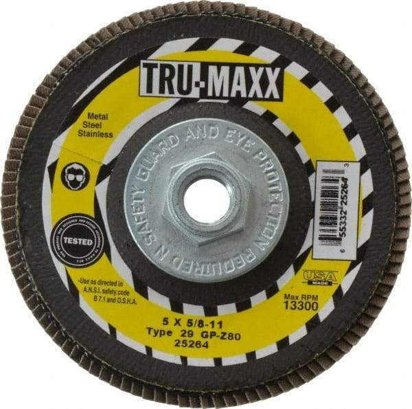 Tru-Maxx - 80 Grit, 5" Disc Diam, 5/8-11 Center Hole, Type 29 Zirconia Alumina Flap Disc - 12,200 Max RPM, Arbor Attaching System, Coated - Caliber Tooling