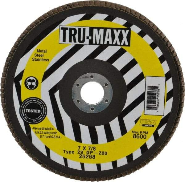 Tru-Maxx - 60 Grit, 7" Disc Diam, 7/8" Center Hole, Type 29 Zirconia Alumina Flap Disc - 8,600 Max RPM, Arbor Attaching System, Coated - Caliber Tooling