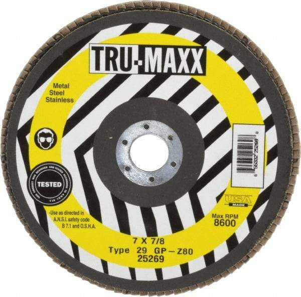 Tru-Maxx - 80 Grit, 7" Disc Diam, 7/8" Center Hole, Type 29 Zirconia Alumina Flap Disc - 8,600 Max RPM, Arbor Attaching System, Coated - Caliber Tooling