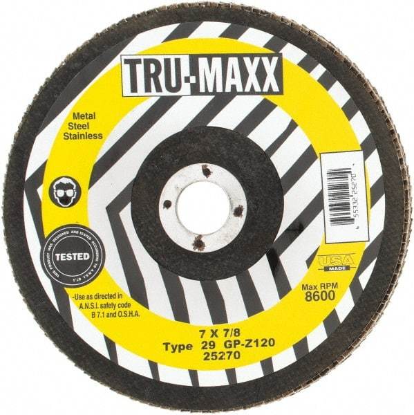 Tru-Maxx - 120 Grit, 7" Disc Diam, 7/8" Center Hole, Type 29 Zirconia Alumina Flap Disc - 8,600 Max RPM, Arbor Attaching System, Coated - Caliber Tooling