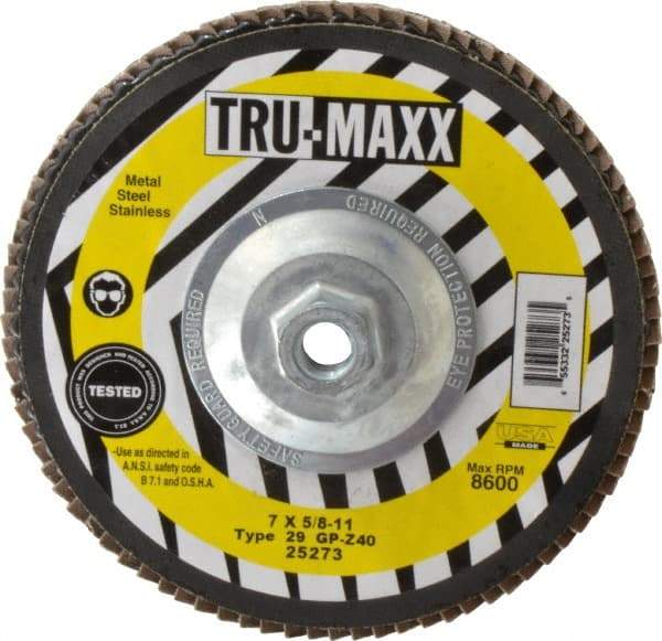 Tru-Maxx - 40 Grit, 7" Disc Diam, 5/8-11 Center Hole, Type 29 Zirconia Alumina Flap Disc - 8,600 Max RPM, Arbor Attaching System, Coated - Caliber Tooling