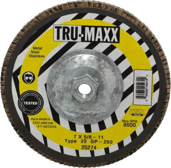 Tru-Maxx - 60 Grit, 7" Disc Diam, 5/8-11 Center Hole, Type 29 Zirconia Alumina Flap Disc - 8,600 Max RPM, Arbor Attaching System, Coated - Caliber Tooling