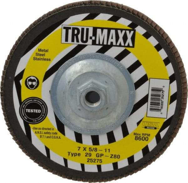 Tru-Maxx - 80 Grit, 7" Disc Diam, 5/8-11 Center Hole, Type 29 Zirconia Alumina Flap Disc - 8,600 Max RPM, Arbor Attaching System, Coated - Caliber Tooling