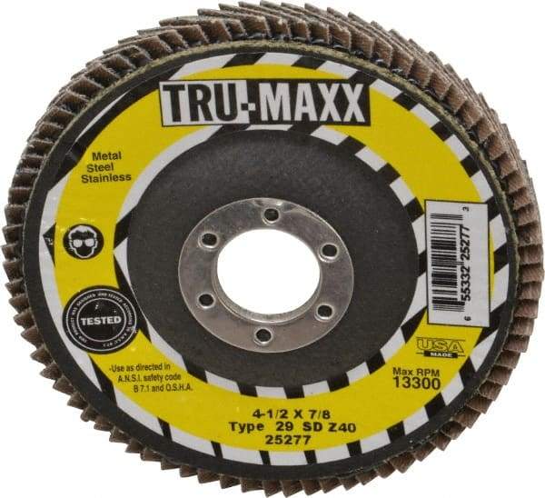 Tru-Maxx - 40 Grit, 4-1/2" Disc Diam, 7/8" Center Hole, Type 29 Zirconia Alumina Flap Disc - 13,300 Max RPM, Arbor Attaching System, Coated - Caliber Tooling