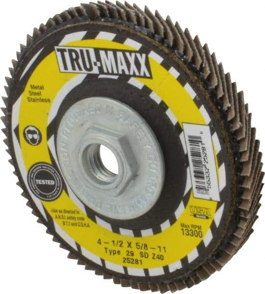 Tru-Maxx - 40 Grit, 4-1/2" Disc Diam, 5/8-11 Center Hole, Type 29 Zirconia Alumina Flap Disc - 13,300 Max RPM, Arbor Attaching System, Coated - Caliber Tooling