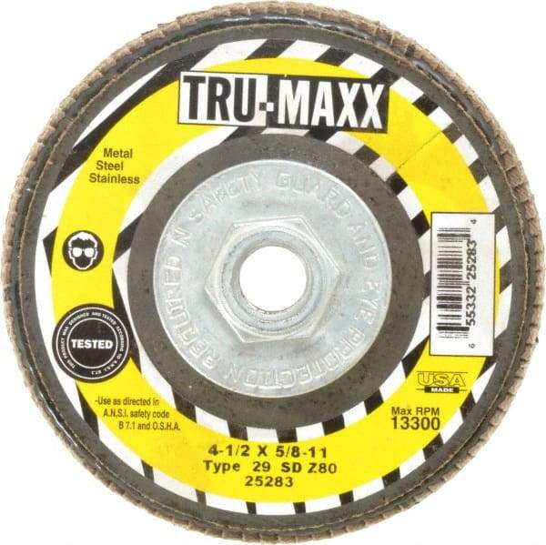 Tru-Maxx - 80 Grit, 4-1/2" Disc Diam, 5/8-11 Center Hole, Type 29 Zirconia Alumina Flap Disc - 13,300 Max RPM, Arbor Attaching System, Coated - Caliber Tooling