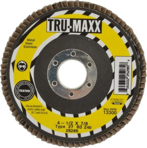 Tru-Maxx - 40 Grit, 4-1/2" Disc Diam, 7/8" Center Hole, Type 27 Zirconia Alumina Flap Disc - 13,300 Max RPM, Arbor Attaching System, Coated - Caliber Tooling