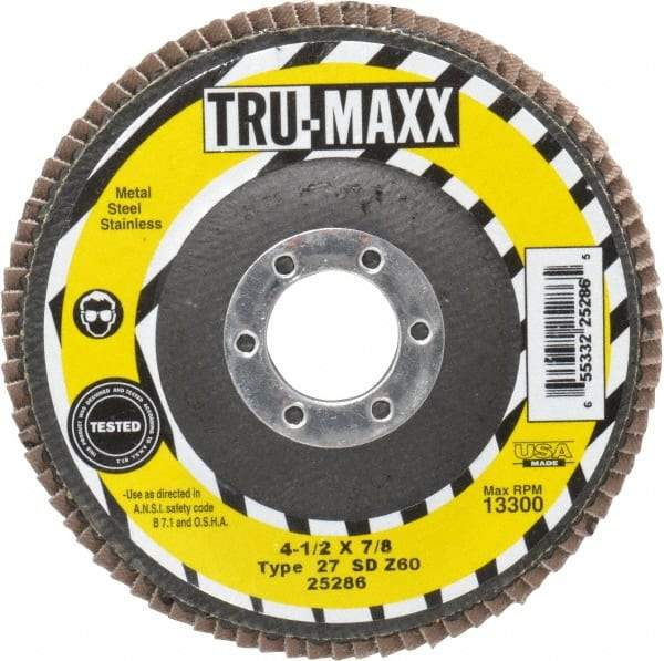 Tru-Maxx - 60 Grit, 4-1/2" Disc Diam, 7/8" Center Hole, Type 27 Zirconia Alumina Flap Disc - 13,300 Max RPM, Arbor Attaching System, Coated - Caliber Tooling