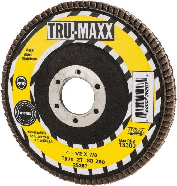 Tru-Maxx - 80 Grit, 4-1/2" Disc Diam, 7/8" Center Hole, Type 27 Zirconia Alumina Flap Disc - 13,300 Max RPM, Arbor Attaching System, Coated - Caliber Tooling