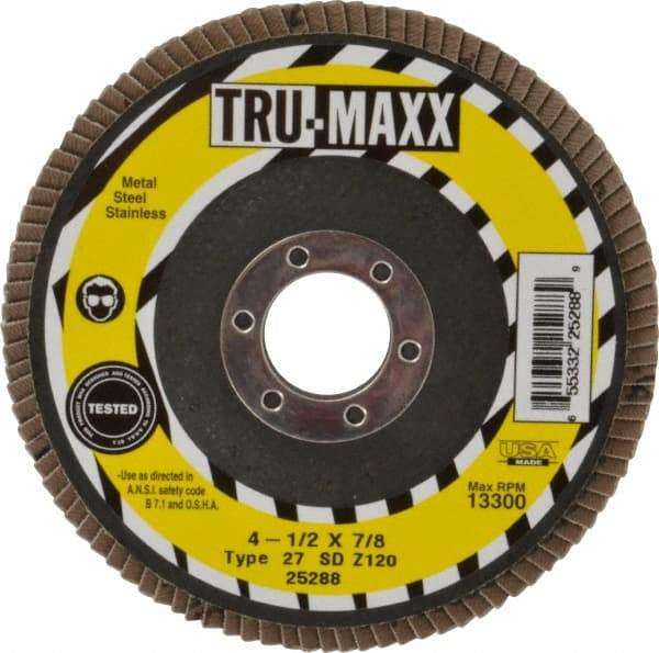 Tru-Maxx - 120 Grit, 4-1/2" Disc Diam, 7/8" Center Hole, Type 27 Zirconia Alumina Flap Disc - 13,300 Max RPM, Arbor Attaching System, Coated - Caliber Tooling