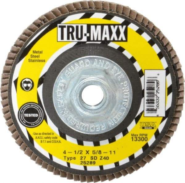 Tru-Maxx - 40 Grit, 4-1/2" Disc Diam, 5/8-11 Center Hole, Type 27 Zirconia Alumina Flap Disc - 13,300 Max RPM, Arbor Attaching System, Coated - Caliber Tooling