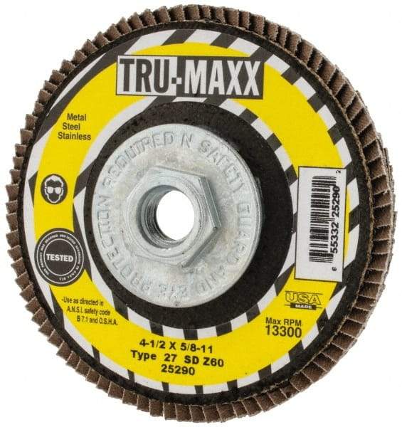 Tru-Maxx - 60 Grit, 4-1/2" Disc Diam, 5/8-11 Center Hole, Type 27 Zirconia Alumina Flap Disc - 13,300 Max RPM, Arbor Attaching System, Coated - Caliber Tooling