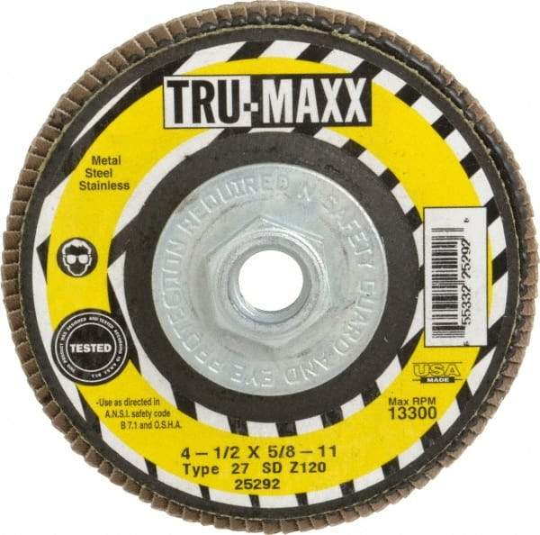 Tru-Maxx - 120 Grit, 4-1/2" Disc Diam, 5/8-11 Center Hole, Type 27 Zirconia Alumina Flap Disc - 13,300 Max RPM, Arbor Attaching System, Coated - Caliber Tooling