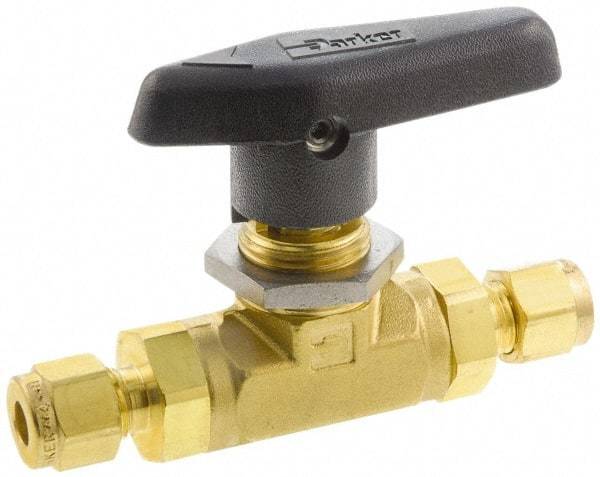 Parker - 1/4" Pipe, Compression x Compression CPI End Connections, Brass, Inline, Two Way Flow, Instrumentation Ball Valve - 3,000 psi WOG Rating, Wedge Handle, PTFE Seal, PTFE Seat - Caliber Tooling