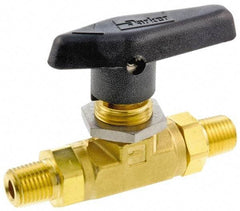 Parker - 1/8" Pipe, MNPT x MNPT End Connections, Brass, Inline, Two Way Flow, Instrumentation Ball Valve - 3,000 psi WOG Rating, Wedge Handle, PTFE Seal, PTFE Seat - Caliber Tooling