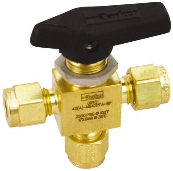 Parker - 1/8" Pipe, Compression x Compression x Compression CPI End Connections, Brass, Three Way, Instrumentation Ball Valve - 2,500 psi WOG Rating, Wedge Handle, PFA Seat - Caliber Tooling