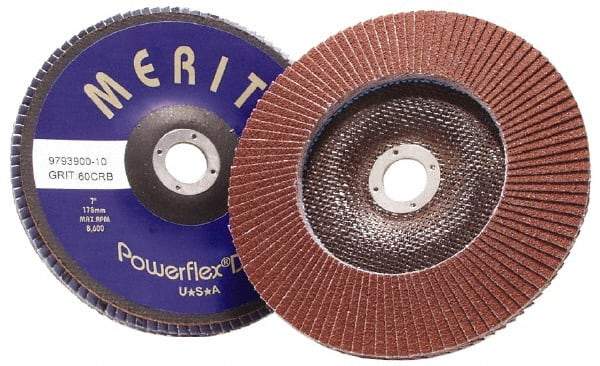 Merit Abrasives - 40 Grit, 7" Disc Diam, 7/8" Center Hole, Type 29 Ceramic Flap Disc - 8,600 Max RPM, Coated - Caliber Tooling