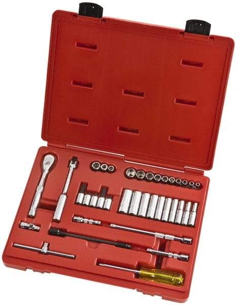 Proto - 37 Piece 1/4" Drive Full Polish Finish Deep Well Socket Set - 6, 8 Points, 3/16" to 9/16" Range, Inch Measurement Standard - Caliber Tooling