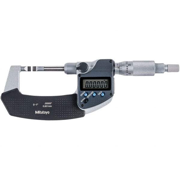 Mitutoyo - 0 to 1" Range, 0.00005" Resolution, Blade Throat IP54 Electronic Outside Micrometer - 0.00015" Accuracy, Ratchet Stop Thimble, Carbide-Tipped Face, SR44 Battery - Caliber Tooling