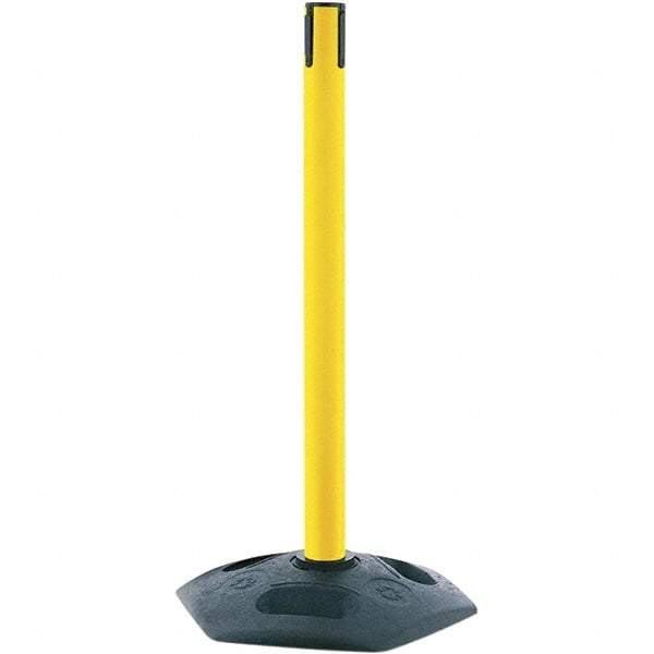 Tensator - 38" High, 2-1/2" Pole Diam, Tensabarrier Post - 19" Base Diam, Octagon Rubber Base, Yellow Plastic Post, Tape, Single Line Tape, For Outdoor Use - Caliber Tooling