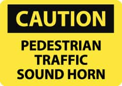 NMC - "Caution - Pedestrian Traffic - Sound Horn", 10" Long x 14" Wide, Pressure-Sensitive Vinyl Safety Sign - Rectangle, 0.004" Thick, Use for Accident Prevention - Caliber Tooling