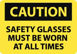 NMC - "Caution - Safety Glasses Must Be Worn at All Times", 10" Long x 14" Wide, Pressure-Sensitive Vinyl Safety Sign - Rectangle, 0.004" Thick, Use for Accident Prevention - Caliber Tooling