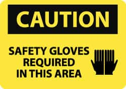 NMC - "Caution - Safety Gloves Required in This Area", 10" Long x 14" Wide, Pressure-Sensitive Vinyl Safety Sign - Rectangle, 0.004" Thick, Use for Accident Prevention - Caliber Tooling