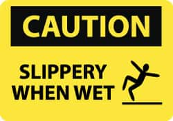 NMC - "Caution - Slippery When Wet", 10" Long x 14" Wide, Pressure-Sensitive Vinyl Safety Sign - Rectangle, 0.004" Thick, Use for Accident Prevention - Caliber Tooling