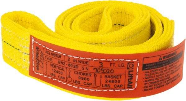 Lift-All - 3' Long x 2" Wide, 12,200 Lb Vertical Capacity, 2 Ply, Polyester Web Sling - 9,800 Lb Choker Capacity, Yellow - Caliber Tooling