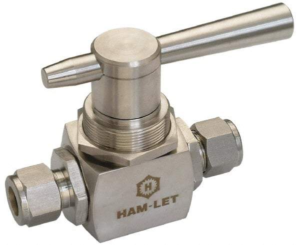 Ham-Let - 3/8" Pipe, Brass, Inline, Two Way Flow, Instrumentation Ball Valve - 3,000 psi WOG Rating, Tee Handle, PTFE Seal, PTFE Seat, Swaglok B-43S6 - Caliber Tooling