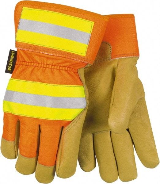 MCR Safety - Size M Pigskin General Protection Work Gloves - For General Purpose, Uncoated, Safety Cuff, Tan/Hi-Vis Orange, Paired - Caliber Tooling