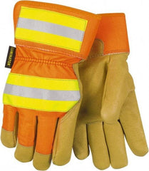 MCR Safety - Size S Pigskin General Protection Work Gloves - For General Purpose, Uncoated, Safety Cuff, Tan/Hi-Vis Orange, Paired - Caliber Tooling