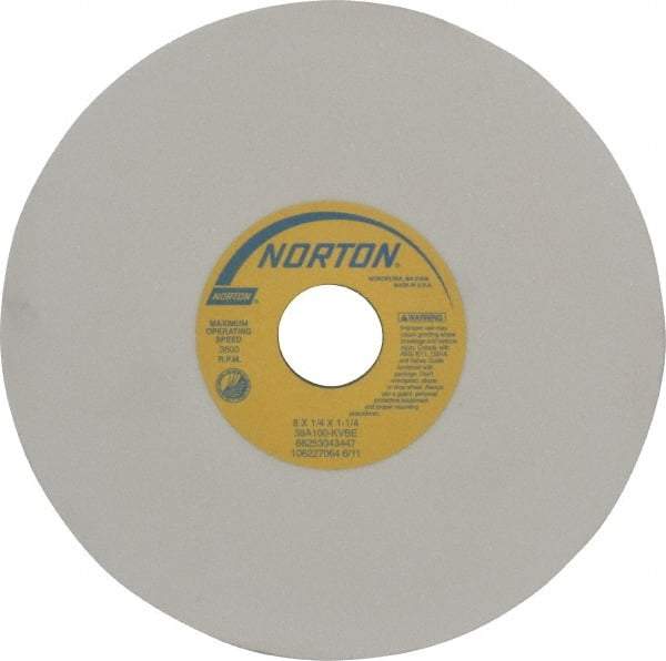 Norton - 8" Diam x 1-1/4" Hole x 1/4" Thick, K Hardness, 100 Grit Surface Grinding Wheel - Aluminum Oxide, Type 1, Fine Grade, 3,600 Max RPM, Vitrified Bond, No Recess - Caliber Tooling