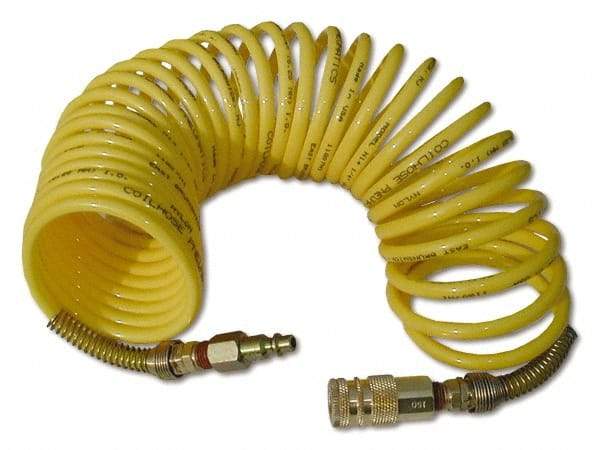 Coilhose Pneumatics - 3/8" ID, 3/8 Thread, 25' Long, Yellow Nylon Coiled & Self Storing Hose - 165 Max psi, Industrial Interchange Coupler x Male Swivel - Caliber Tooling