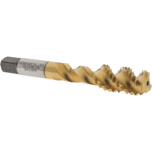 Kennametal - 1/2-13 UNC 3 Flute 3B Bottoming Spiral Flute Tap - Vanadium High Speed Steel, TiN Finish, 3.38" OAL, Right Hand Flute, Right Hand Thread, H3 - Caliber Tooling