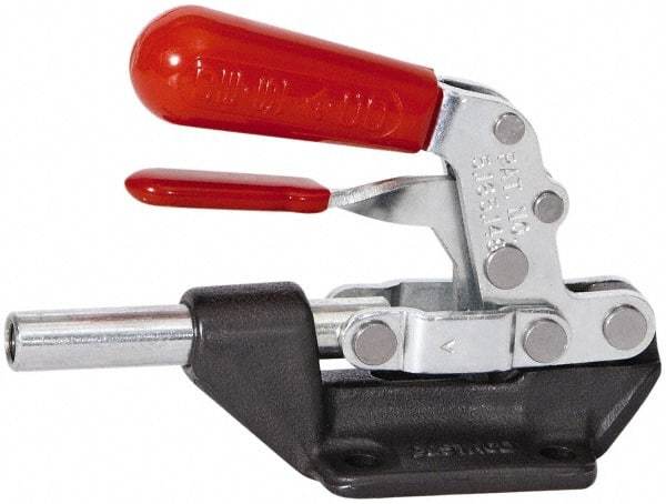 De-Sta-Co - 600 Lb Load Capacity, Flanged Base, Carbon Steel, Standard Straight Line Action Clamp - 4 Mounting Holes, 0.27" Mounting Hole Diam, 0.44" Plunger Diam, Straight Handle - Caliber Tooling