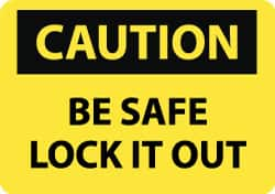 NMC - "Caution - Be Safe - Lock It Out", 10" Long x 14" Wide, Rigid Plastic Safety Sign - Rectangle, 0.05" Thick, Use for Accident Prevention - Caliber Tooling