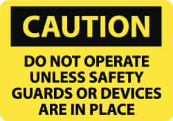 NMC - "Caution - Do Not Operate Unless Safety Guards or Devices Are in Place", 10" Long x 14" Wide, Rigid Plastic Safety Sign - Rectangle, 0.05" Thick, Use for Accident Prevention - Caliber Tooling