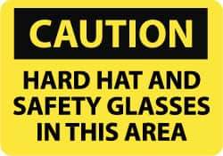 NMC - "Caution - Hard Hat and Safety Glasses in This Area", 10" Long x 14" Wide, Pressure-Sensitive Vinyl Safety Sign - Rectangle, 0.004" Thick, Use for Accident Prevention - Caliber Tooling