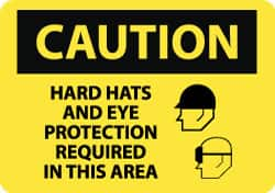 NMC - "Caution - Hard Hats and Eye Protection Required in This Area", 10" Long x 14" Wide, Rigid Plastic Safety Sign - Rectangle, 0.05" Thick, Use for Accident Prevention - Caliber Tooling