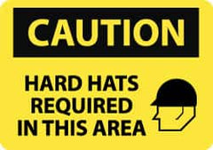 NMC - "Caution - Hard Hats Required in This Area", 10" Long x 14" Wide, Pressure-Sensitive Vinyl Safety Sign - Rectangle, 0.004" Thick, Use for Accident Prevention - Caliber Tooling