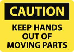 NMC - "Caution - Keep Hands Out of Moving Parts", 10" Long x 14" Wide, Pressure-Sensitive Vinyl Safety Sign - Rectangle, 0.004" Thick, Use for Accident Prevention - Caliber Tooling